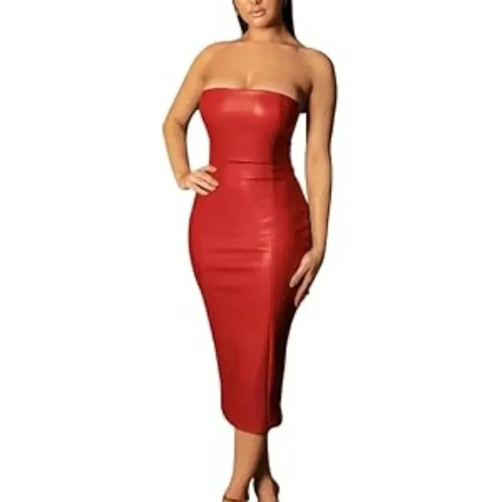 Sexy Strapless Tube Top Club Midi Dress Off Shoulder Bodycon Faux LEATHER
